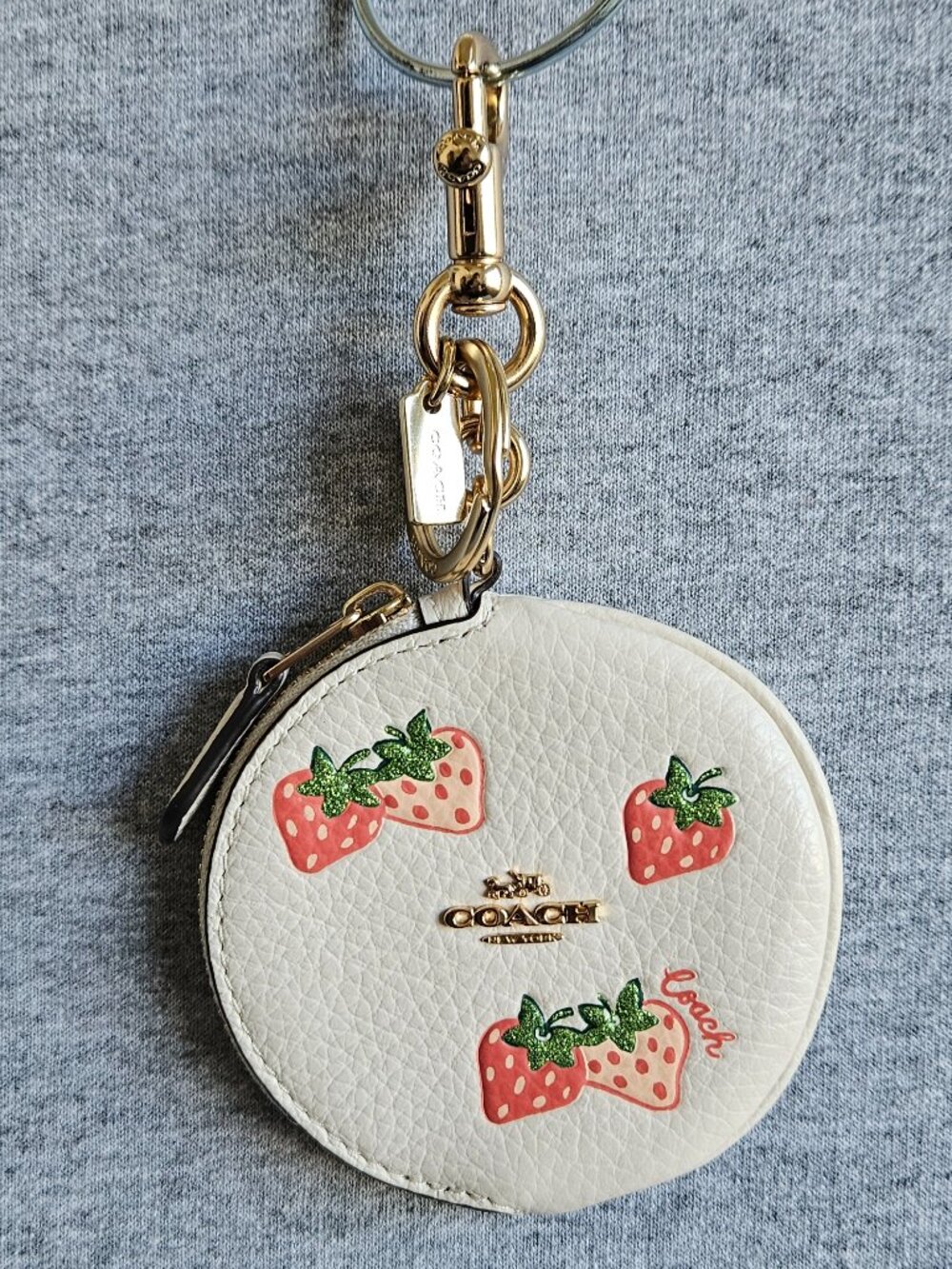 Coach Coin Pouch With Glittery Strawberry Pint Bag Charm Keychain Gold Hardware